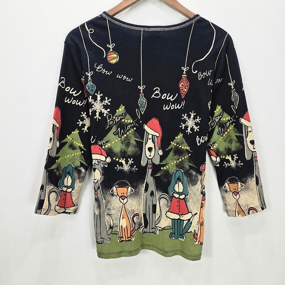 Vtg Jess & Jane Women TShirt M Black Long Sleeve Dog Christmas Holiday Bow Wow - Picture 2 of 9